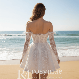 Boho Off-Shoulder Mini Wedding Dress with Feather Trim - Rosymae