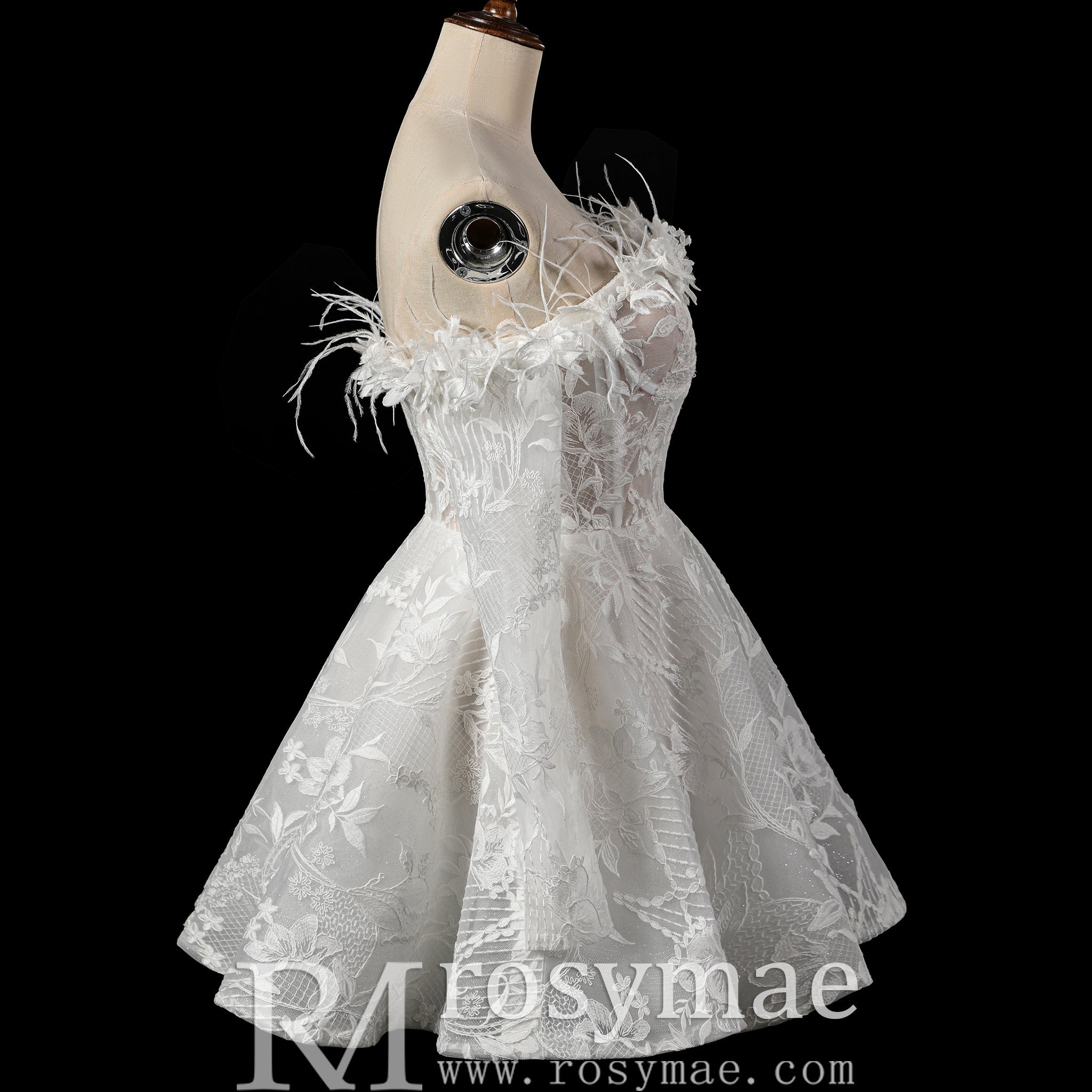 Boho Off-Shoulder Mini Wedding Dress with Feather Trim - Rosymae