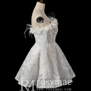 Boho Off-Shoulder Mini Wedding Dress with Feather Trim - Rosymae