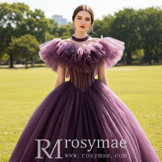 Boho Off-the-Shoulder Purple Tulle Ball Gown Wedding Dress - Rosymae