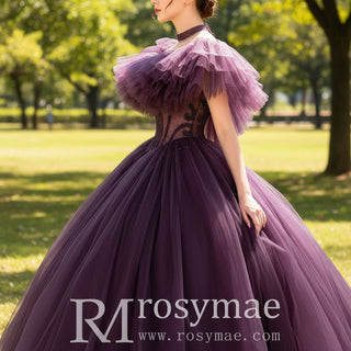 Boho Off-the-Shoulder Purple Tulle Ball Gown Wedding Dress - Rosymae