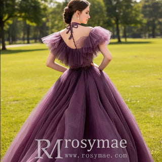 Boho Off-the-Shoulder Purple Tulle Ball Gown Wedding Dress - Rosymae