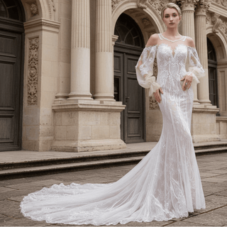 Boho Sleeves Mermaid Wedding Dresses With Long Train - Rosymae