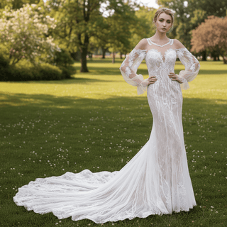 Boho Sleeves Mermaid Wedding Dresses With Long Train - Rosymae