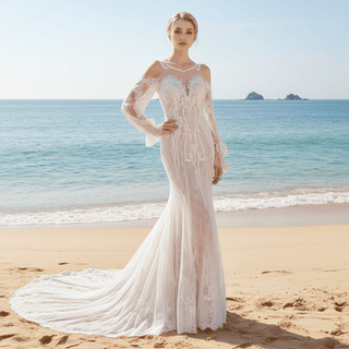 Boho Sleeves Mermaid Wedding Dresses With Long Train - Rosymae