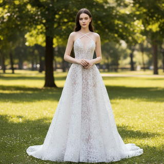 Robe de mariée trapèze en dentelle, col en V, bretelles spaghetti, nouvelle collection