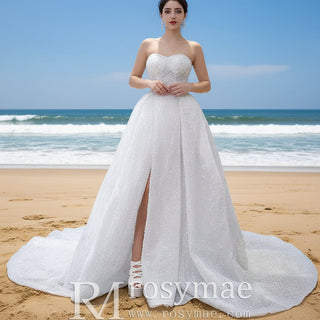 Boho Wedding Dress with Pearls A-line Sweetheart Wedding Gown - Rosymae