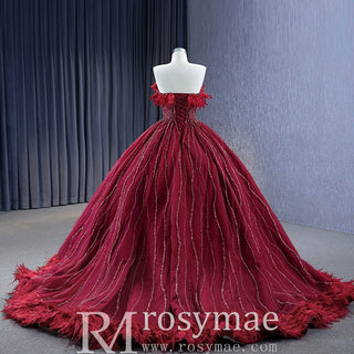 Burgundy Ball Gown Wedding Dress With Feather Beaded Quinceanera Gown - Rosymae