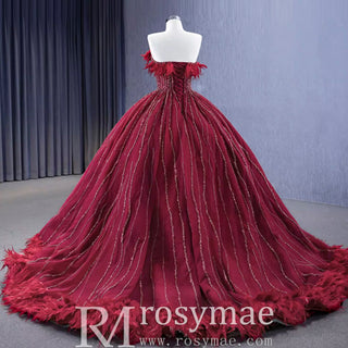 Burgundy Ball Gown Wedding Dress With Feather Beaded Quinceanera Gown - Rosymae