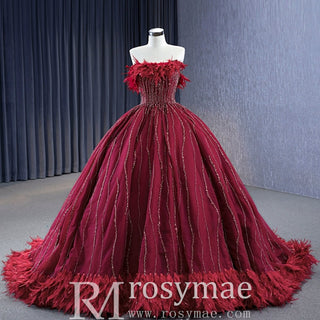 Burgundy Ball Gown Wedding Dress With Feather Beaded Quinceanera Gown - Rosymae