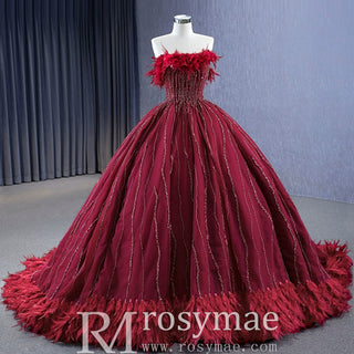 Burgundy Ball Gown Wedding Dress With Feather Beaded Quinceanera Gown - Rosymae