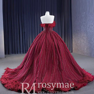 Burgundy Ball Gown Wedding Dress With Feather Beaded Quinceanera Gown - Rosymae