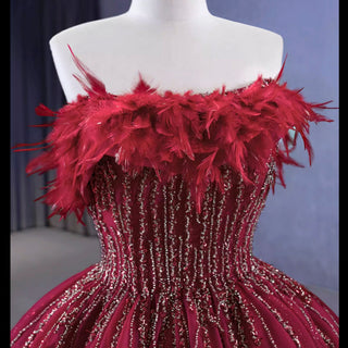 Burgundy Ball Gown Wedding Dress With Feather Beaded Quinceanera Gown - Rosymae