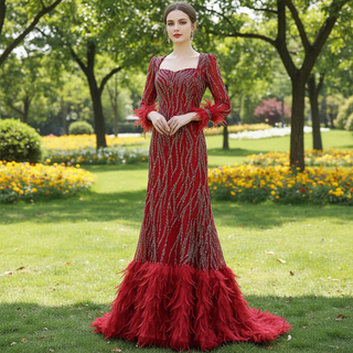 Burgundy Long Sleeves Feathers Evening Gown Square Neck Beaded Prom Dress - Rosymae