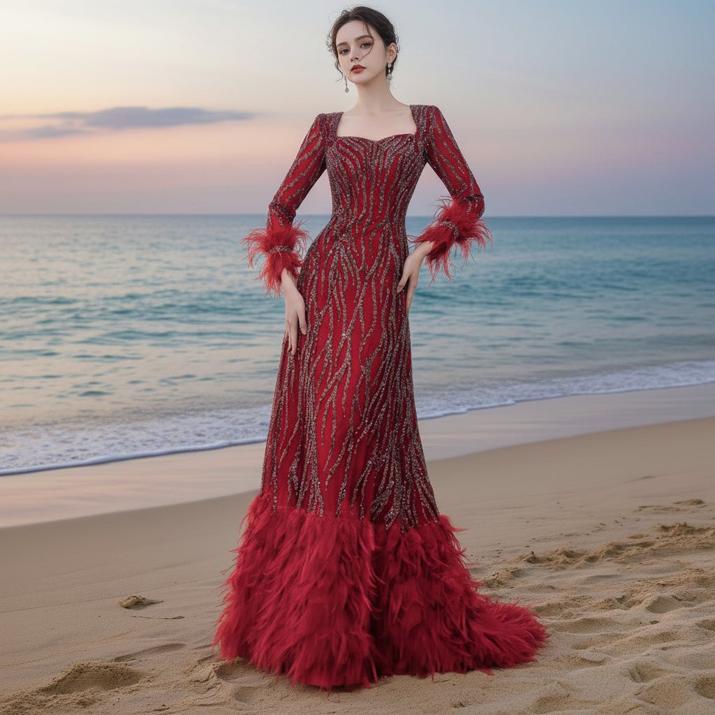 Burgundy Long Sleeves Feathers Evening Gown Square Neck Beaded Prom Dress - Rosymae