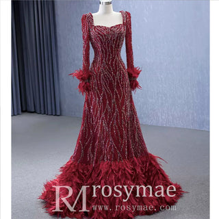 Burgundy Long Sleeves Feathers Evening Gown Square Neck Beaded Prom Dress - Rosymae