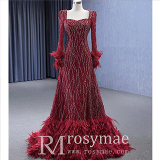 Burgundy Long Sleeves Feathers Evening Gown Square Neck Beaded Prom Dress - Rosymae