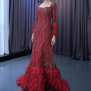 Burgundy Long Sleeves Feathers Evening Gown Square Neck Beaded Prom Dress - Rosymae