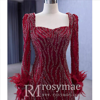 Burgundy Long Sleeves Feathers Evening Gown Square Neck Beaded Prom Dress - Rosymae