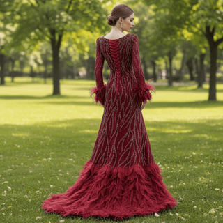 Burgundy Long Sleeves Feathers Evening Gown Square Neck Beaded Prom Dress - Rosymae