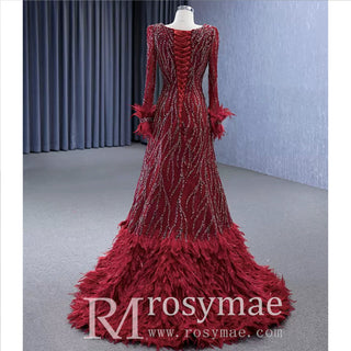 Burgundy Long Sleeves Feathers Evening Gown Square Neck Beaded Prom Dress - Rosymae