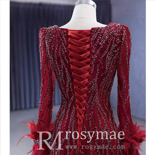Burgundy Long Sleeves Feathers Evening Gown Square Neck Beaded Prom Dress - Rosymae