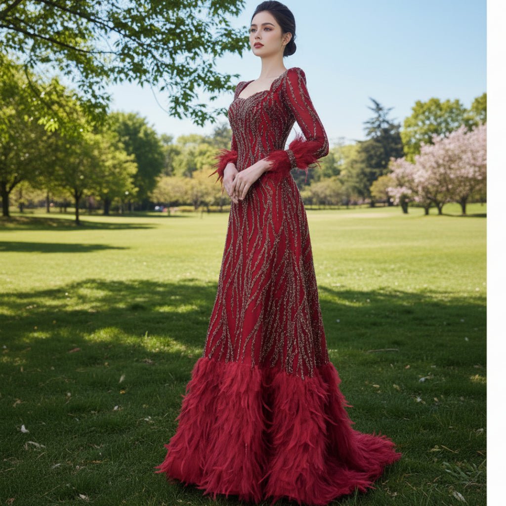Burgundy Long Sleeves Feathers Evening Gown Square Neck Beaded Prom Dress - Rosymae