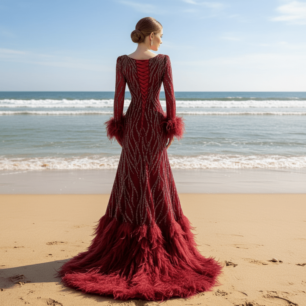 Burgundy Long Sleeves Feathers Evening Gown Square Neck Beaded Prom Dress - Rosymae