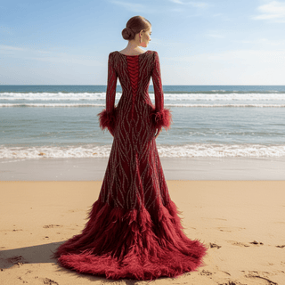 Burgundy Long Sleeves Feathers Evening Gown Square Neck Beaded Prom Dress - Rosymae