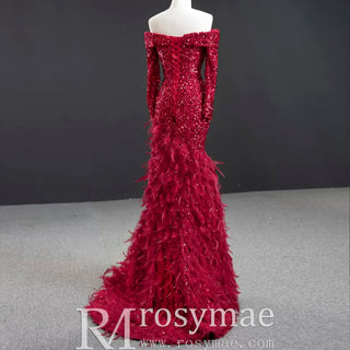 Burgundy Mermaid Sequins Long Sleeve Prom Dress with Feather - Rosymae