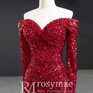 Burgundy Mermaid Sequins Long Sleeve Prom Dress with Feather - Rosymae
