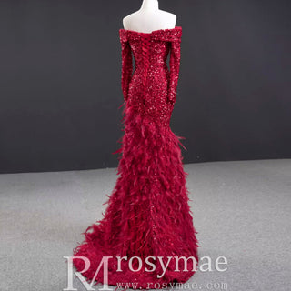 Burgundy Mermaid Sequins Long Sleeve Prom Dress with Feather - Rosymae