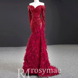 Burgundy Mermaid Sequins Long Sleeve Prom Dress with Feather - Rosymae