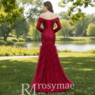 Burgundy Mermaid Sequins Long Sleeve Prom Dress with Feather - Rosymae