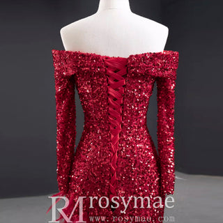Burgundy Mermaid Sequins Long Sleeve Prom Dress with Feather - Rosymae