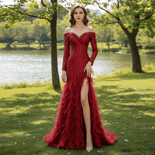 Burgundy Mermaid Sequins Long Sleeve Prom Dress with Feather - Rosymae