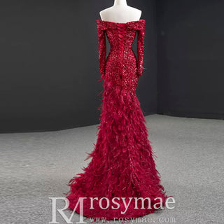 Burgundy Mermaid Sequins Long Sleeve Prom Dress with Feather - Rosymae