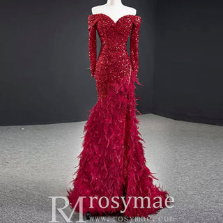 Burgundy Mermaid Sequins Long Sleeve Prom Dress with Feather - Rosymae