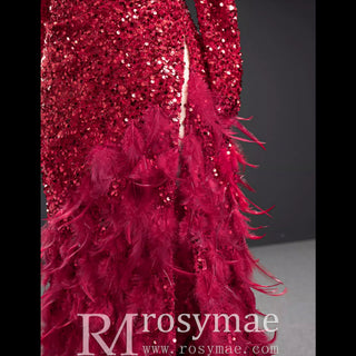 Burgundy Mermaid Sequins Long Sleeve Prom Dress with Feather - Rosymae