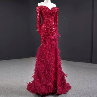 Burgundy Mermaid Sequins Long Sleeve Prom Dress with Feather - Rosymae