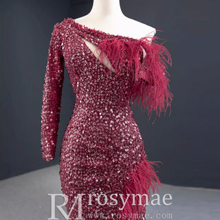 Burgundy Mermaid Sequins One Shoulder Long Sleeve Prom Dress - Rosymae
