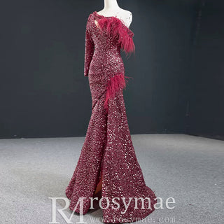 Burgundy Mermaid Sequins One Shoulder Long Sleeve Prom Dress - Rosymae
