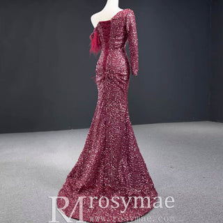 Burgundy Mermaid Sequins One Shoulder Long Sleeve Prom Dress - Rosymae