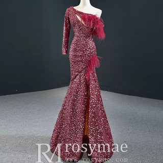 Burgundy Mermaid Sequins One Shoulder Long Sleeve Prom Dress - Rosymae