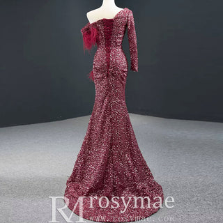 Burgundy Mermaid Sequins One Shoulder Long Sleeve Prom Dress - Rosymae