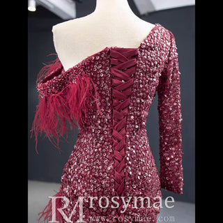 Burgundy Mermaid Sequins One Shoulder Long Sleeve Prom Dress - Rosymae