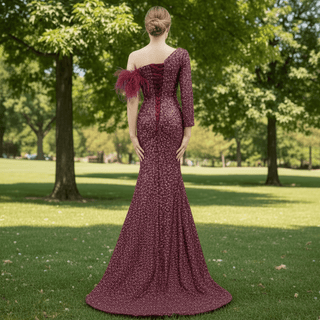 Burgundy Mermaid Sequins One Shoulder Long Sleeve Prom Dress - Rosymae