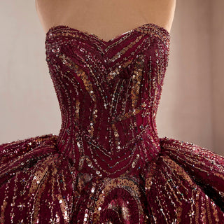 Burgundy Sequin Quinceañera Dress with 3D Bow Peplum & Tiered Ruffle Tulle Train
