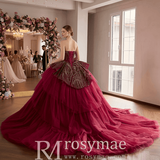 Burgundy Sequin Quinceañera Dress with 3D Bow Peplum & Tiered Ruffle Tulle Train