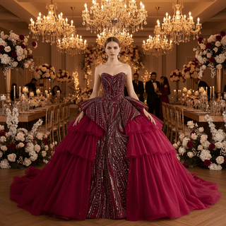 Burgundy Sequin Quinceañera Dress with 3D Bow Peplum & Tiered Ruffle Tulle Train